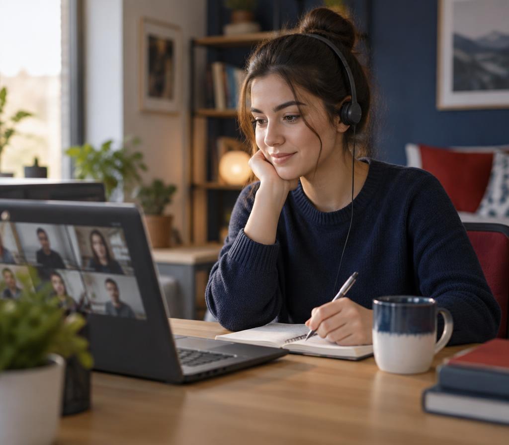 Estudiante siguiendo una clase online con auriculares